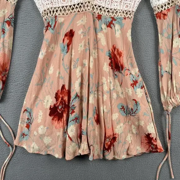 Selfie Leslie Dress Womens Small Floral Lace Boho Long Sleeve Crochet Trim Mini - Picture 3 of 15